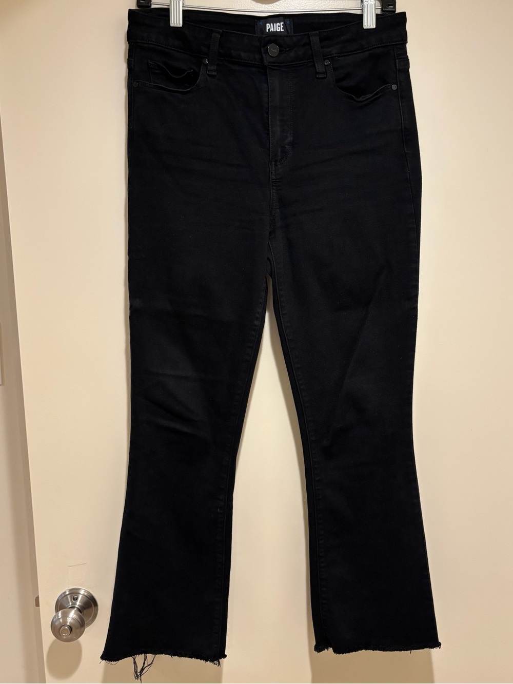 PAIGE Black High-Rise Colette Crop Flare Jeans with Frayed Hem